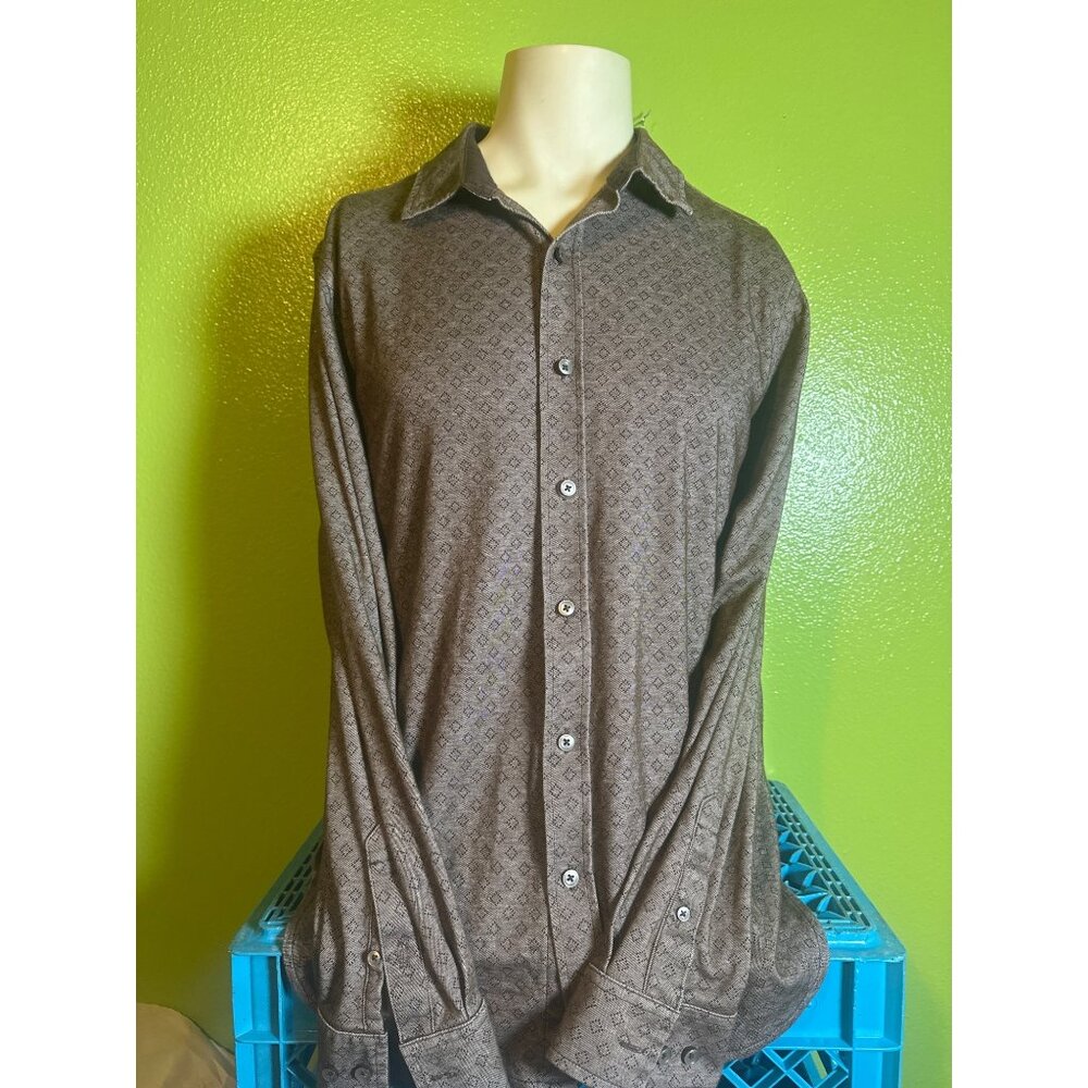 Tasso Elba Mens XL Brown Patterned Long Sleeve Shirt  Supima Cotton‎ Blend